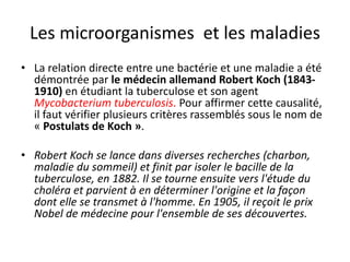 Les microorganismes et les maladies
• La relation directe entre une bactérie et une maladie a été
démontrée par le médecin allemand Robert Koch (1843-
1910) en étudiant la tuberculose et son agent
Mycobacterium tuberculosis. Pour affirmer cette causalité,
il faut vérifier plusieurs critères rassemblés sous le nom de
« Postulats de Koch ».
• Robert Koch se lance dans diverses recherches (charbon,
maladie du sommeil) et finit par isoler le bacille de la
tuberculose, en 1882. Il se tourne ensuite vers l'étude du
choléra et parvient à en déterminer l'origine et la façon
dont elle se transmet à l'homme. En 1905, il reçoit le prix
Nobel de médecine pour l'ensemble de ses découvertes.
 