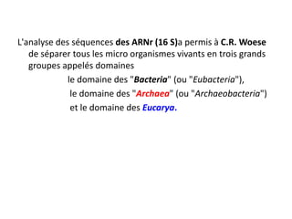 L'analyse des séquences des ARNr (16 S)a permis à C.R. Woese
de séparer tous les micro organismes vivants en trois grands
groupes appelés domaines
le domaine des "Bacteria" (ou "Eubacteria"),
le domaine des "Archaea" (ou "Archaeobacteria")
et le domaine des Eucarya.
 