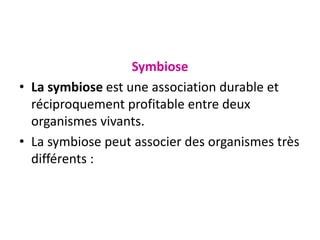 Symbiose
• La symbiose est une association durable et
réciproquement profitable entre deux
organismes vivants.
• La symbiose peut associer des organismes très
différents :
 