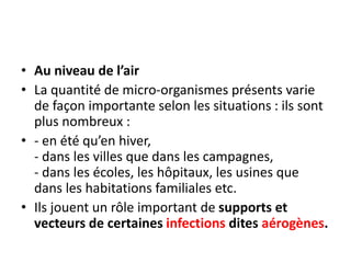 • Au niveau de l’air
• La quantité de micro-organismes présents varie
de façon importante selon les situations : ils sont
plus nombreux :
• - en été qu’en hiver,
- dans les villes que dans les campagnes,
- dans les écoles, les hôpitaux, les usines que
dans les habitations familiales etc.
• Ils jouent un rôle important de supports et
vecteurs de certaines infections dites aérogènes.
 