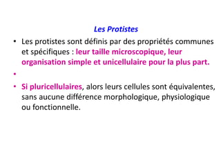 Les Protistes
• Les protistes sont définis par des propriétés communes
et spécifiques : leur taille microscopique, leur
organisation simple et unicellulaire pour la plus part.
•
• Si pluricellulaires, alors leurs cellules sont équivalentes,
sans aucune différence morphologique, physiologique
ou fonctionnelle.
 
