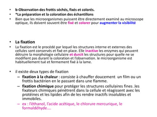 • b-Observation des frottis séchés, fixés et colorés.
• *La préparation et la coloration des échantillons
• Bien que les microorganismes puissent être directement examiné au microscope
optique, ils doivent souvent être fixé et colorer pour augmenter la visibilité
• La fixation
• La fixation est le procédé par lequel les structures interne et externes des
cellules sont conservés et fixé en place. Elle inactive les enzymes qui peuvent
détruire la morphologie cellulaire et durcit les structures pour quelle ne se
modifient pas durant la coloration et l’observation. le microorganisme est
habituellement tué et fermement fixé à la lame.
• il existe deux types de fixation
– fixation à la chaleur : consiste à chauffer doucement un film ou un
frottis bactérien en le passant dans une flamme.
– fixation chimique pour protéger les structures cellulaires fines .les
fixateurs chimiques pénètrent dans la cellule et réagissent avec les
protéines et les lipides afin de les rendre inactifs insolubles et
immobiles.
– ex : l’éthanol, l’acide acétique, le chlorure mercurique, le
formaldéhyde….
 
