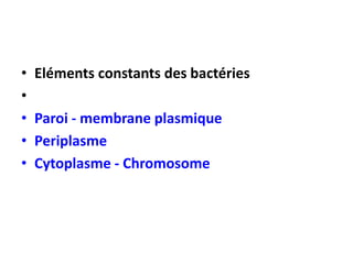 • Eléments constants des bactéries
•
• Paroi - membrane plasmique
• Periplasme
• Cytoplasme - Chromosome
 