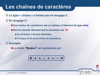Les chaînes de caractères
Le type « chaîne » n’existe pas en langage C.
En langage C:
Une chaîne de caractères est un tableau d’élément de type char.
Dont le dernier élément est le caractère nul ‘0’.
 Ce caractère n’est pas affichable.
 Il indique la fin de la chaîne de caractères.
Exemple:
La chaîne "Bonjour" est représentée par :
B o n j o u r 0
Les chaînes de caractères 1
 