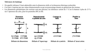 11
• On appelle tolérance l’écart admissible entre la dimension réelle et la dimension théorique recherchée.
• Cet écart s’exprime par une valeur dimensionnelle ou par un pourcentage donnés en général par des normes.
• Les dimensions géométriques des sections sont peu précises; les tolérances varient de 1 % sur la hauteur à plus de 15 %
sur l’ épaisseur des ailes, pour les poutrelles IPE ou HE.
Tolérances de laminage
Défauts de dimensions Défauts d’ équerrage Défauts d’ incurvation
Défauts de symétrie
F.Tout 2020-2021
 