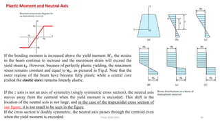 30
Plastic Moment and Neutral Axis
If the bending moment is increased above the yield moment MY, the strains
in the beam continue to increase and the maximum strain will exceed the
yield strain εY. However, because of perfectly plastic yielding, the maximum
stress remains constant and equal to σY , as pictured in Fig.d. Note that the
outer regions of the beam have become fully plastic while a central core
(called the elastic core) remains linearly elastic.
If the z axis is not an axis of symmetry (singly symmetric cross section), the neutral axis
moves away from the centroid when the yield moment is exceeded. This shift in the
location of the neutral axis is not large, and in the case of the trapezoidal cross section of
our figure, it is too small to be seen in the figure.
If the cross section is doubly symmetric, the neutral axis passes through the centroid even
when the yield moment is exceeded. F.Tout 2020-2021
 