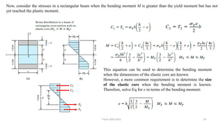 35
Now, consider the stresses in a rectangular beam when the bending moment M is greater than the yield moment but has not
yet reached the plastic moment.
This equation can be used to determine the bending moment
when the dimensions of the elastic core are known.
However, a more common requirement is to determine the size
of the elastic core when the bending moment is known.
Therefore, solve Eq for e in terms of the bending moment:
F.Tout 2020-2021
 
