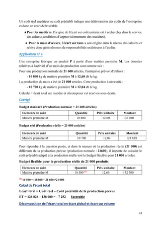 13
Un coût réel supérieur au coût préétabli indique une détérioration des coûts de l’entreprise
et donc un écart défavorable.
Pour les matières, l'origine de l'écart sur coût unitaire est à rechercher dans le service
des achats (conditions d’approvisionnement des matières).
 Pour la main d’œuvre, l'écart sur taux a son origine dans le niveau des salaires et
relève donc généralement de responsabilités extérieures à l'atelier.
Application n° 4
Une entreprise fabrique un produit P à partir d'une matière première M. Les données
relatives à l'activité d’un mois de production sont comme suit :
Pour une production normale de 21 600 articles, l'entreprise prévoit d'utiliser :
- 10 800 kg de matière première M à 12,60 dh le kg.
La production du mois a été de 21 000 articles. Cette production à nécessité :
- 10 700 kg de matière première M à 12,04 dh le kg.
Calculer l’écart total sur matière et décomposer cet écart en sous-écarts.
Corrigé
Budget standard (Production normale = 21 600 articles)
Eléments de coût Quantité Prix unitaire Montant
Matière première M 10 800 12,60 136 080
Budget réel (Production réelle = 21 000 articles)
Eléments de coût Quantité Prix unitaire Montant
Matière première M 10 700 12,04 128 828
Pour répondre à la question posée, et dans la mesure où la production réelle (21 000) est
différente de la production prévue (production normale : 21600), il importe de calculer le
coût préétabli adapté à la production réelle soit le budget flexible pour 21 000 articles.
Budget flexible pour la production réelle de 21 000 produits
Eléments de coût Quantité Prix unitaire Montant
Matière première M 10 500 (1)
12,60 132 300
(1)
10 500 = (10 800 ÷ 21 600)*21 000
Calcul de l’écart total
Ecart total = Coût réel – Coût préétabli de la production prévue
ET = 128 828 – 136 080 = - 7 252 Favorable
Décomposition de l’écart total en écart global et écart sur volume
 