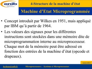 www.enib.fr
kerhoas@enib.fr Microprocesseurs : Systèmes à Microprocesseurs
• Concept introduit par Wilkes en 1951, mais appliqué
par IBM qu’à partir de 1964.
• Les valeurs des signaux pour les différentes
instructions sont stockées dans une mémoire dite de
microprogrammation interne au microprocesseur.
Chaque mot de la mémoire peut être adressé en
fonction des entrées de la machine d’état (opcode et
drapeaux).
4-Structure de la machine d’état
Machine d’Etat Microprogrammée
 