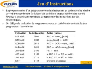 www.enib.fr
kerhoas@enib.fr Microprocesseurs : Systèmes à Microprocesseurs
Jeu d’Instructions
• La programmation d’un programme complet directement en code machine binaire
devient très rapidement fastidieuse :on définit un langage symbolique nommé
langage d’assemblage permettant de représenter les instructions par des
mnémoniques.
• On délègue la traduction du programme source en code binaire exécutable à un
programme : l’assembleur.
 