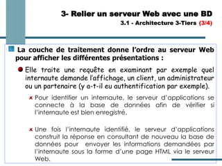 3- Relier un serveur Web avec une BD
3.1 - Architecture 3-Tiers (3/4)
La couche de traitement donne l’ordre au serveur Web
pour afficher les différentes présentations :
Elle traite une requête en examinant par exemple quel
internaute demande l’affichage, un client, un administrateur
ou un partenaire (y a-t-il eu authentification par exemple).
Pour identifier un internaute, le serveur d’applications se
connecte à la base de données afin de vérifier si
l’internaute est bien enregistré.
Une fois l’internaute identifié, le serveur d’applications
construit la réponse en consultant de nouveau la base de
données pour envoyer les informations demandées par
l’internaute sous la forme d’une page HTML via le serveur
Web.
 