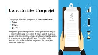 Les contraintes d'un projet
Tout projet doit tenir compte de la triple contrainte :
➢ Coûts,
➢ Temps,
➢ Qualité.
Imaginons que nous organisons une exposition artistique.
Si nous voulons une exposition de haute qualité avec des
œuvres d'art renommées, cela pourrait augmenter les coûts.
Si nous avons un temps limité pour l'organiser, cela
pourrait affecter la qualité ou augmenter les coûts pour
accélérer les choses.
 