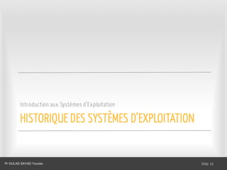 HISTORIQUE DES SYSTÈMES D’EXPLOITATION
Introduction aux Systèmes d’Exploitation
Dr. Ghada GASMI- Dr. Lilia SFAXI Slide 10
Pr OULAD SAYAD Younes
 