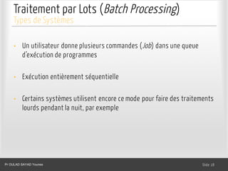 Traitement par Lots (Batch Processing)
• Un utilisateur donne plusieurs commandes (Job) dans une queue
d’exécution de programmes
• Exécution entièrement séquentielle
• Certains systèmes utilisent encore ce mode pour faire des traitements
lourds pendant la nuit, par exemple
Dr. Ghada GASMI- Dr. Lilia SFAXI Slide 18
Types de Systèmes
Pr OULAD SAYAD Younes
 