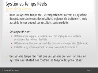 Systèmes Temps Réels
• Dans un système temps réel, le comportement correct du système
dépend, non seulement des résultats logiques de traitement, mais
aussi du temps auquel ces résultats sont produits
• Ses objectifs sont:
§ Déterminisme logique: les mêmes entrées appliquées au système
produisent les mêmes résultats
§ Déterminisme temporel: respect des contraintes temporelles (échéance)
§ Fiabilité: le système répond à des contraintes de disponibilité
• Un système temps réel n’est pas un système qui “va vite”, mais un
système qui satisfait des contraintes temporelles pré-établies.
Dr. Ghada GASMI- Dr. Lilia SFAXI Slide 21
Types de Systèmes
Pr OULAD SAYAD Younes
 