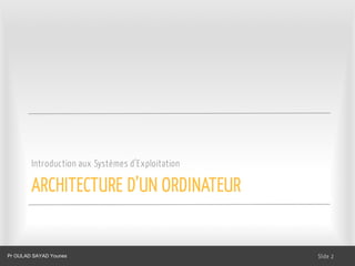 ARCHITECTURE D’UN ORDINATEUR
Introduction aux Systèmes d’Exploitation
Dr. Ghada GASMI- Dr. Lilia SFAXI Slide 2
Pr OULAD SAYAD Younes
 
