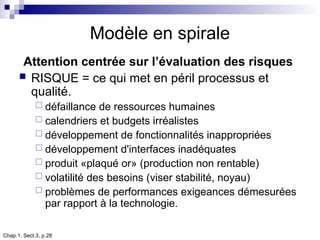 Chap.1, Sect.3, p.28
Modèle en spirale
Attention centrée sur l’évaluation des risques
 RISQUE = ce qui met en péril processus et
qualité.
 défaillance de ressources humaines
 calendriers et budgets irréalistes
 développement de fonctionnalités inappropriées
 développement d'interfaces inadéquates
 produit «plaqué or» (production non rentable)
 volatilité des besoins (viser stabilité, noyau)
 problèmes de performances exigeances démesurées
par rapport à la technologie.
 