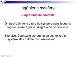Chap.1, Sect.3, p.49
Ingénierie système
Diagramme de contexte
On peut décrire le cadre du système dans lequel le
logiciel s’inscrit par un diagramme de contexte.
Exercice: Donnez le digramme de contexte d’un
système de contrôle d’un ascenseur.
 