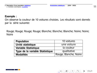 2. Description d’une population statistique
2. Variables statistiques, modalités 11
Exemple :
On observe la couleur de 10 voitures choisies. Les résultats sont donnés
par la série suivante:
Rouge; Rouge; Rouge; Rouge; Blanche; Blanche; Blanche; Noire; Noire;
Noire
Population 10 voitures
Unité statistique une voiture
Variable Statistique la couleur
Type de la variable Statistique qualitative
Modalités Rouge, Blanche, Noire
. . . . . . . . . . . . . . . . . . . .
. . . . . . . . . . . . . . . . . . . .
PR. Ismail EL HAKKI
Vocabulaires statistiques - (2024 - 2025)
 