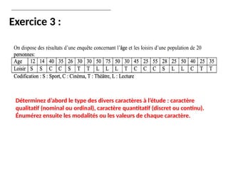 Déterminez d’abord le type des divers caractères à l’étude : caractère
qualitatif (nominal ou ordinal), caractère quantitatif (discret ou continu).
Énumérez ensuite les modalités ou les valeurs de chaque caractère.
Exercice 3 :
 