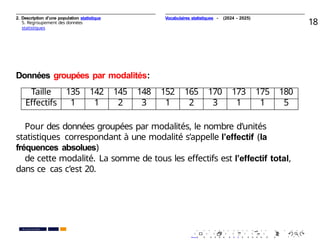 2. Description d’une population statistique
5. Regroupement des données
statistiques
18
Données groupées par modalités:
Taille 135 142 145 148 152 165 170 173 175 180
Eﬀectifs 1 1 2 3 1 2 3 1 1 5
Pour des données groupées par modalités, le nombre d’unités
statistiques correspondant à une modalité s’appelle l’e ectif
ﬀ (la
fréquences absolues)
de cette modalité. La somme de tous les eﬀectifs est l’e ectif
ﬀ total,
dans ce cas c’est 20.
. . . . . . . . . . . . . . . . . . . .
. . . . . . . . . . . . . . . . . . . .
PR. Ismail EL HAKKI
Vocabulaires statistiques - (2024 - 2025)
 
