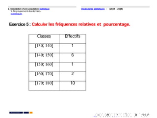 2. Description d’une population statistique
5. Regroupement des données
statistiques
Exercice 5 : Calculer les fréquences relatives et pourcentage.
Classes Eﬀectifs
[130; 140[ 1
[140; 150[ 6
[150; 160[ 1
[160; 170[ 2
[170; 180] 10
. . . . . . . . . . . . . . . . . . . .
. . . . . . . . . . . . . . . . . . . .
PR. Ismail EL HAKKI
Vocabulaires statistiques - (2024 - 2025)
 