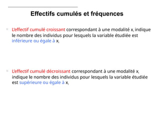 atistique
Descriptive -
Introduction
générale
Effectifs cumulés et fréquences
 L’effectif cumulé croissant correspondant à une modalité xi indique
le nombre des individus pour lesquels la variable étudiée est
inférieure ou égale à xi
 L’effectif cumulé décroissant correspondant à une modalité xi
indique le nombre des individus pour lesquels la variable étudiée
est supérieure ou égale à xi
 