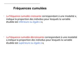 Statistique
Descriptive -
Introduction
générale
Fréquences cumulées
 La fréquence cumulée croissante correspondant à une modalité xi
indique la proportion des individus pour lesquels la variable
étudiée est inférieure ou égale à xi
 La fréquence cumulée décroissante correspondant à une modalité
xi indique la proportion des individus pour lesquels la variable
étudiée est supérieure ou égale à xi
 