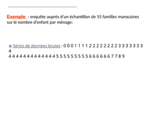 Exemple : enquête auprès d’un échantillon de 55 familles marocaines
sur le nombre d’enfant par ménage:
 Séries de données brutes : 0 0 0 1 1 1 1 2 2 2 2 2 2 2 2 3 3 3 3 3 3 3
4
4 4 4 4 4 4 4 4 4 4 4 4 4 5 5 5 5 5 5 5 5 5 6 6 6 6 6 6 7 7 8 9
 