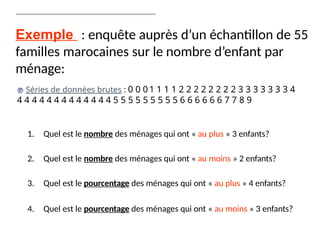 Statistique
Descriptive -
Introduction
générale
 Séries de données brutes : 0 0 0 1 1 1 1 2 2 2 2 2 2 2 2 3 3 3 3 3 3 3 4
4 4 4 4 4 4 4 4 4 4 4 4 4 5 5 5 5 5 5 5 5 5 6 6 6 6 6 6 7 7 8 9
1. Quel est le nombre des ménages qui ont « au plus » 3 enfants?
2. Quel est le nombre des ménages qui ont « au moins » 2 enfants?
3. Quel est le pourcentage des ménages qui ont « au plus » 4 enfants?
4. Quel est le pourcentage des ménages qui ont « au moins » 3 enfants?
Exemple : enquête auprès d’un échantillon de 55
familles marocaines sur le nombre d’enfant par
ménage:
 