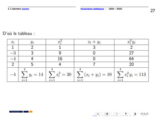 3. L’opérateur somme
27
. . . . . . . . . . . . . . . . . . . .
. . . . . . . . . . . . . . . . . . . .
PR. Ismail EL HAKKI
Vocabulaires statistiques - (2024 - 2025)
 