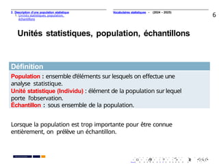 2. Description d’une population statistique
1. Unités statistiques, population,
échantillons
6
Unités statistiques, population, échantillons
Déﬁnition
Population : ensemble d’éléments sur lesquels on eﬀectue une
analyse statistique.
Unité statistique (Individu) : élément de la population sur lequel
porte l’observation.
Échantillon : sous ensemble de la population.
Lorsque la population est trop importante pour être connue
entièrement, on prélève un échantillon.
. . . . . . . . . . . . . . . . . . . .
. . . . . . . . . . . . . . . . . . . .
PR. Ismail EL HAKKI
Vocabulaires statistiques - (2024 - 2025)
 