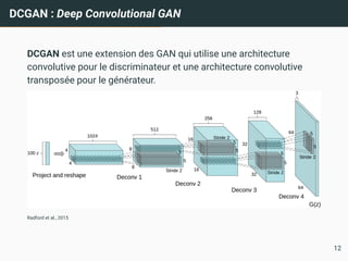 DCGAN : Deep Convolutional GAN
DCGAN est une extension des GAN qui utilise une architecture
convolutive pour le discriminateur et une architecture convolutive
transposée pour le générateur.
Radford et al., 2015
12
 