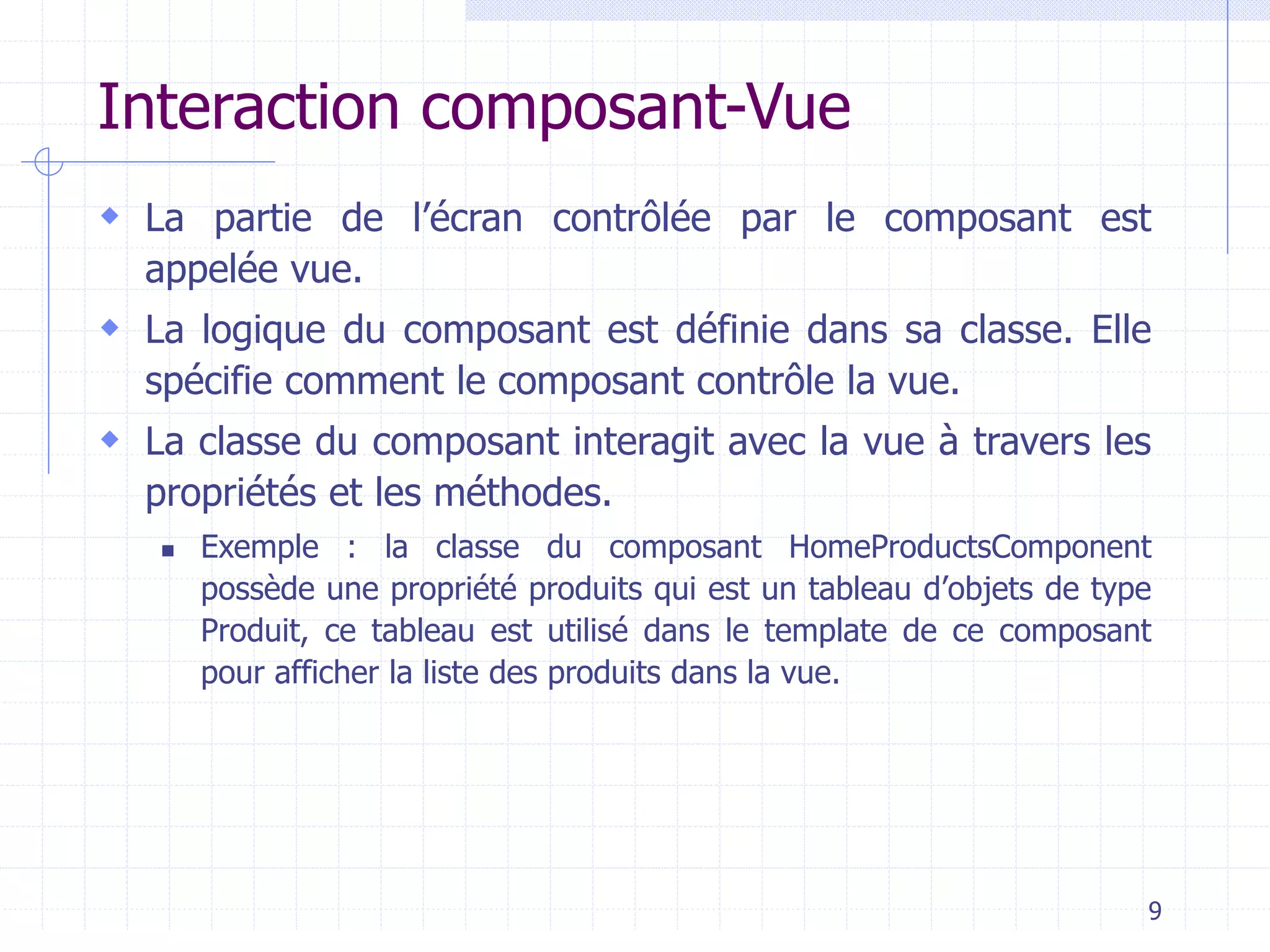 Interaction composant-Vue
 La partie de l’écran contrôlée par le composant est
appelée vue.
 La logique du composant est définie dans sa classe. Elle
spécifie comment le composant contrôle la vue.
 La classe du composant interagit avec la vue à travers les
propriétés et les méthodes.
◼ Exemple : la classe du composant HomeProductsComponent
possède une propriété produits qui est un tableau d’objets de type
Produit, ce tableau est utilisé dans le template de ce composant
pour afficher la liste des produits dans la vue.
9
 