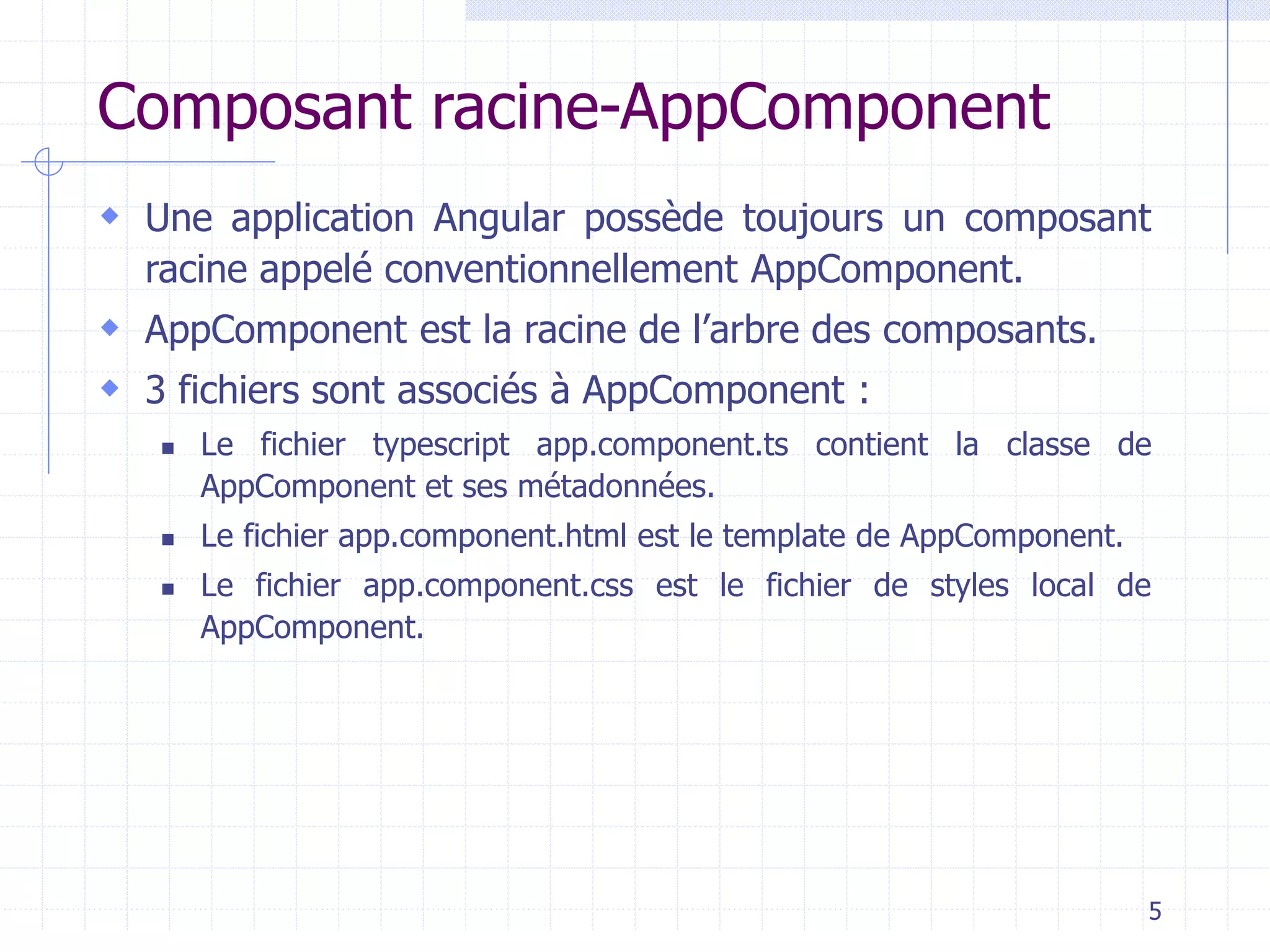 Composant racine-AppComponent
 Une application Angular possède toujours un composant
racine appelé conventionnellement AppComponent.
 AppComponent est la racine de l’arbre des composants.
 3 fichiers sont associés à AppComponent :
◼ Le fichier typescript app.component.ts contient la classe de
AppComponent et ses métadonnées.
◼ Le fichier app.component.html est le template de AppComponent.
◼ Le fichier app.component.css est le fichier de styles local de
AppComponent.
5
 