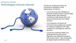 29
© 2016 Cisco et/ou ses filiales. Tous droits réservés. Informations
confidentielles de Cisco
29
Connexions Internet
Technologies d'accès internet Il existe de nombreuses façons de
connecter les utilisateurs et les
organisations à l'internet :
• Les services pour les utilisateurs à
domicile et petits bureaux incluent câble
à large bande, ligne d'abonné
numérique à large bande (DSL), les
réseaux étendus sans fil et mobile
services.
• Les entreprises ont besoin de
connexions plus rapides pour prendre
en charge les téléphones IP, vidéo
conférence et stockage de centre de
données.
• Connexions professionnelles sont
généralement fournies par les
Opérateurs des télécommunications
(SP) et peut inclure : DSL d'entreprise,
les lignes louées et Ethernet urbain.
 