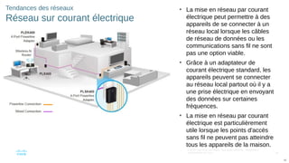 48
© 2016 Cisco et/ou ses filiales. Tous droits réservés. Informations
confidentielles de Cisco
48
Tendances des réseaux
Réseau sur courant électrique
• La mise en réseau par courant
électrique peut permettre à des
appareils de se connecter à un
réseau local lorsque les câbles
de réseau de données ou les
communications sans fil ne sont
pas une option viable.
• Grâce à un adaptateur de
courant électrique standard, les
appareils peuvent se connecter
au réseau local partout où il y a
une prise électrique en envoyant
des données sur certaines
fréquences.
• La mise en réseau par courant
électrique est particulièrement
utile lorsque les points d'accès
sans fil ne peuvent pas atteindre
tous les appareils de la maison.
 