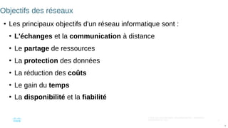 6
© 2016 Cisco et/ou ses filiales. Tous droits réservés. Informations
confidentielles de Cisco
6
Objectifs des réseaux
●
Les principaux objectifs d'un réseau informatique sont :
●
L'échanges et la communication à distance
●
Le partage de ressources
●
La protection des données
●
La réduction des coûts
●
Le gain du temps
●
La disponibilité et la fiabilité
 