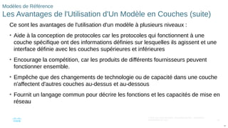 85
© 2016 Cisco et/ou ses filiales. Tous droits réservés. Informations
confidentielles de Cisco
85
Modèles de Référence
Les Avantages de l'Utilisation d'Un Modèle en Couches (suite)
Ce sont les avantages de l'utilisation d'un modèle à plusieurs niveaux :
• Aide à la conception de protocoles car les protocoles qui fonctionnent à une
couche spécifique ont des informations définies sur lesquelles ils agissent et une
interface définie avec les couches supérieures et inférieures
• Encourage la compétition, car les produits de différents fournisseurs peuvent
fonctionner ensemble.
• Empêche que des changements de technologie ou de capacité dans une couche
n'affectent d'autres couches au-dessus et au-dessous
• Fournit un langage commun pour décrire les fonctions et les capacités de mise en
réseau
 