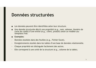 Données structurées
■ Les données peuvent être identifiées selon leur structure.
■ Une donnée structurée décrit une propriété (e.g., nom, adresse, Numéro de
carte de crédit) d’une entité (e.g., client, produit) selon un modèle (ou
template) fixé.
■ Exemples:
- Données stockées dans des feuilles (e.g., Fichier Excel).
- Enregistrements stockés dans les tables d’une base de données relationnelle.
- Chaque propriété est distinguée facilement des autres.
- Elle correspond à une unité de la structure (e.g., colonne de la table).
5
 