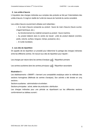 ème
Comptabilité Analytique de Gestion 2         E-Com & E-Serv          CHAPITRE 1 : Les coûts complets



 2. Les unités d’œuvre
L’imputation des charges indirectes aux comptes des produits se fait par l’intermédiaire des
unités d’œuvre. Il s’agit en réalité de l’unité de mesure de l’activité du centre considéré.


Les unités d’œuvre couramment utilisées sont rattachées :
         - A la main d’œuvre consacrée au produit : heure de main d’œuvre (heure ouvrier,
         d’agent technique, etc.).
         - Au fonctionnement du matériel consacré au produit : heure machine.
         - Au produit élaboré dans le centre de travail : unité de produit élaboré (nombre,
         poids, volume, surface, longueur, temps, puissance, etc.).
         - A l’unité monétaire.


 3. Les clés de répartition
On appelle clé de répartition un procédé pour déterminer le partage des charges indirectes
entre les différents centres. On recourt aux clés de répartition pour répartir :


Les charges par nature dans les centres d’analyse             Répartition primaire


Les centres auxiliaires dans les centres principaux           Répartition secondaire


Illustration 3 :
Les établissements « SMART » tiennent une comptabilité analytique selon la méthode des
sections homogènes (Méthode de centres d’analyse). Son activité a été divisée en cinq
sections :
Sections auxiliaires : administration et entretien.
Sections principales : achat, atelier de production, distribution.
Les charges indirectes pour une période se répartissent sur les différentes sections
conformément au tableau suivant :




ESCE-Manouba 2007 -2008 / Sana JELLOULI
                                                                                                       5
 