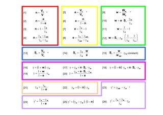 [1]
V
V
n v
= * [5]
s
v
V
V
e = * [9]
s
w
W
W
w = *
[2]
e
e
n
+
=
1
[6]
n
n
e
−
=
1
[10]
s
w
rSew
γ
γ
⋅⋅=
[3]
s
d
n
γ
γ
−= 1 [7] 1−
γ
γ
=
d
s
e [11] 1−
γ
γ
=
d
w
[4]
ws
sats
n
γ−γ
γ−γ
= [8]
wsat
sats
e
γ−γ
γ−γ
= [12] ⎟⎟
⎠
⎞
⎜⎜
⎝
⎛
γ
−
γ
⋅γ⋅=
sd
wrSw
11
[13]
v
w
r
V
V
S = * [14]
e
w
S
w
s
r ⋅
γ
γ
= [15]
sat
r
w
w
S = (γd constant)
[16] ( ) dw γ⋅+=γ 1 [17] wrd Sn γ⋅⋅+γ=γ [18] ( ) wrs Snn γ⋅⋅+γ⋅−=γ 1
[19] s
e
w
γ⋅
+
+
=γ
1
1
[20]
e
Se wrs
+
γ⋅⋅+γ
=γ
1
[21]
e
s
d
+
γ
=γ
1
[22] ( ) sd n γ⋅−=γ 1 [23] wsat γ−γ=γ′ *
[24]
e
ws
+
γ−γ
=γ′
1
[25] ( ) ( )nws −⋅γ−γ=γ′ 1 [26] d
s
ws
γ⋅
γ
γ−γ
=γ′
 