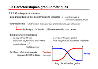 3.3 Caractéristiques granulométriques
3.3.1 Courbe granulométrique
• Les grains d'un sol ont des dimensions variables → quelques μm à
quelques dizaines de cm
• Granulométrie → distribution massique des grains suivant leur dimension
technique d'obtention différente selon le type de sol
• Sol pulvérulent : tamisage
- jusqu'à 40 ou 80 μm
- utilisation de passoires et de tamis
- à sec pour les gros grains
- sous eau pour les matériaux cohérents
Tamisat
(passant)
Refus
Log diamètre des grains
trous circulaires
mailles carrées
• Sol fins : sédimentométrie
ou granulométrie laser
 