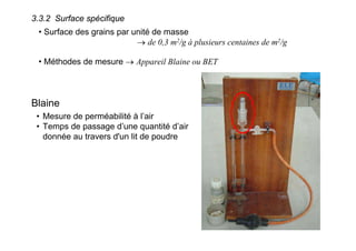 3.3.2 Surface spécifique
• Surface des grains par unité de masse
→ de 0,3 m2/g à plusieurs centaines de m2/g
• Méthodes de mesure → Appareil Blaine ou BET
• Mesure de perméabilité à l’air
• Temps de passage d’une quantité d’air
donnée au travers d'un lit de poudre
Blaine
 