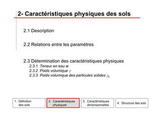 2.1 Description
2.2 Relations entre les paramètres
2.3 Détermination des caractéristiques physiques
2.3.1 Teneur en eau w
2.3.2 Poids volumique γ
2.3.3 Poids volumique des particules solides γs
2- Caractéristiques physiques des sols
2. Caractéristiques
physiques
3. Caractéristiques
dimensionnelles
4. Structure des sols
1. Définition
des sols
 