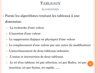 Parmi les algorithmes traitant les tableaux à une dimension: 
 La recherche d’une valeur 
L’insertion d’une valeur 
La suppression (logique ou physique) d’une valeur 
Le remplacement d’une valeur par une autre (la modification) 
L’interclassement de deux tableaux ordonnés. 
 L’union et intersection de deux tableaux. 
 Le tri d’un tableau: tri par sélection, tri par Bulles, tri par insertion, tri par fusion, tri rapide, ….. 
TABLEAUX ALGORITHMES 
24  
