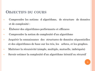 OBJECTIFS DU COURS 
Comprendre les notions d algorithme, de structure de données et de complexité : 
Élaborer des algorithmes performants et efficaces 
Comprendre la notion de complexité d’un algorithme 
Acquérir la connaissance des structures de données séquentielles et des algorithmes de base sur les tris, les arbres, et les graphes. 
Maîtriser la récursivité (simple, multiple, mutuelle, imbriquée) 
Savoir estimer la complexité d’un algorithme itératif ou récursif 
3  