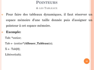 Pour faire des tableaux dynamiques, il faut réserver un espace mémoire d’une taille donnée puis d’assigner un pointeur à cet espace mémoire. 
Exemple: 
Tab: *entier; 
Tab  (entier*)Allouer_Tableau(n); 
X  Tab[0]; 
Libérer(tab); 
POINTEURS & LES TABLEAUX 
35  