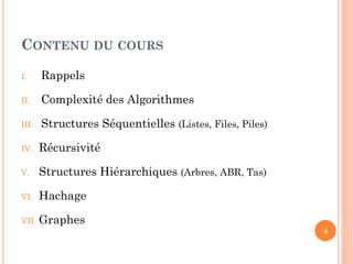 CONTENU DU COURS 
I.Rappels 
II.Complexité des Algorithmes 
III.Structures Séquentielles (Listes, Files, Piles) 
IV.Récursivité 
V.Structures Hiérarchiques (Arbres, ABR, Tas) 
VI.Hachage 
VII.Graphes 
4  
