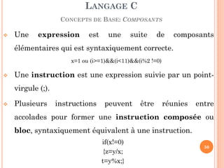 Une expression est une suite de composants élémentaires qui est syntaxiquement correcte. 
x=1 ou (i>=1)&&(i<11)&&(i%2 !=0) 
Une instruction est une expression suivie par un point- virgule (;). 
Plusieurs instructions peuvent être réunies entre accolades pour former une instruction composée ou bloc, syntaxiquement équivalent à une instruction. 
if(x!=0) 
{z=y/x; 
t=y%x;} 
LANGAGE C CONCEPTS DE BASE: COMPOSANTS 
50  